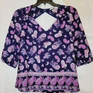 Caramela blue and purple paisley print 3/4 sleeve cutout top Large boho whimsy
